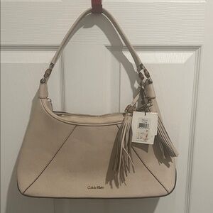 Calvin Klein Beige Saffiano Leather Shoulder Bag with Tassels